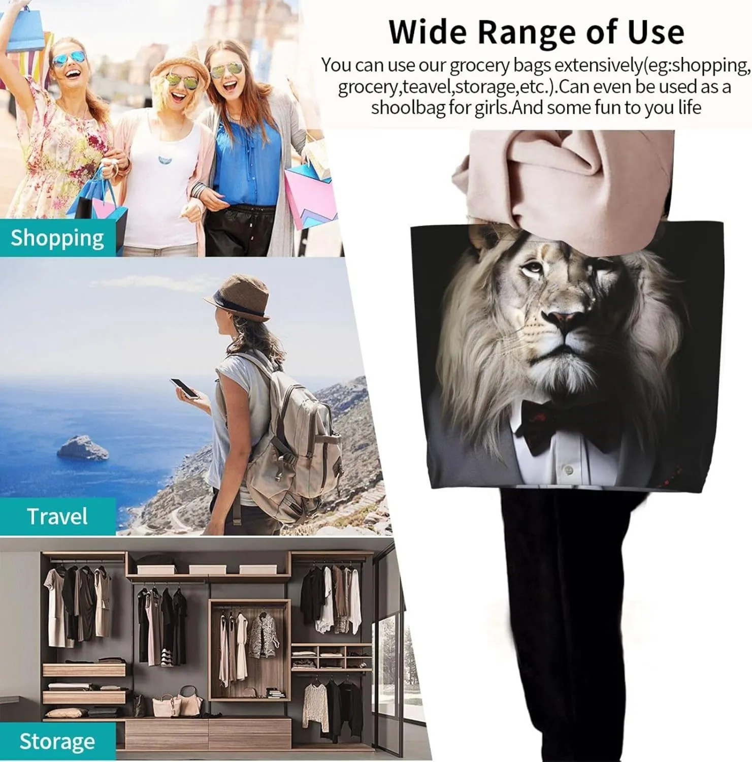 Tote Bag for Women Grocery Bag Reusable Shopping Bag Animal Lion in Suits Handbag Foldable Shoulder Bag