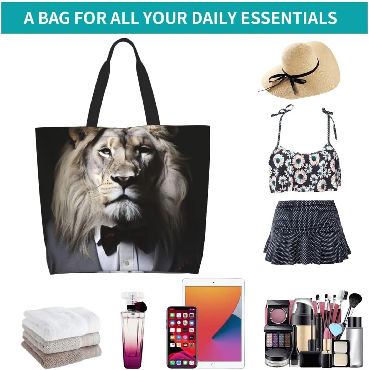 Tote Bag for Women Grocery Bag Reusable Shopping Bag Animal Lion in Suits Handbag Foldable Shoulder Bag