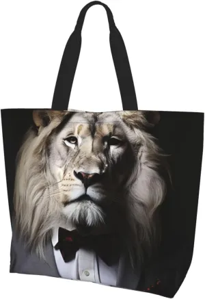 Tote Bag for Women Grocery Bag Reusable Shopping Bag Animal Lion in Suits Handbag Foldable Shoulder Bag