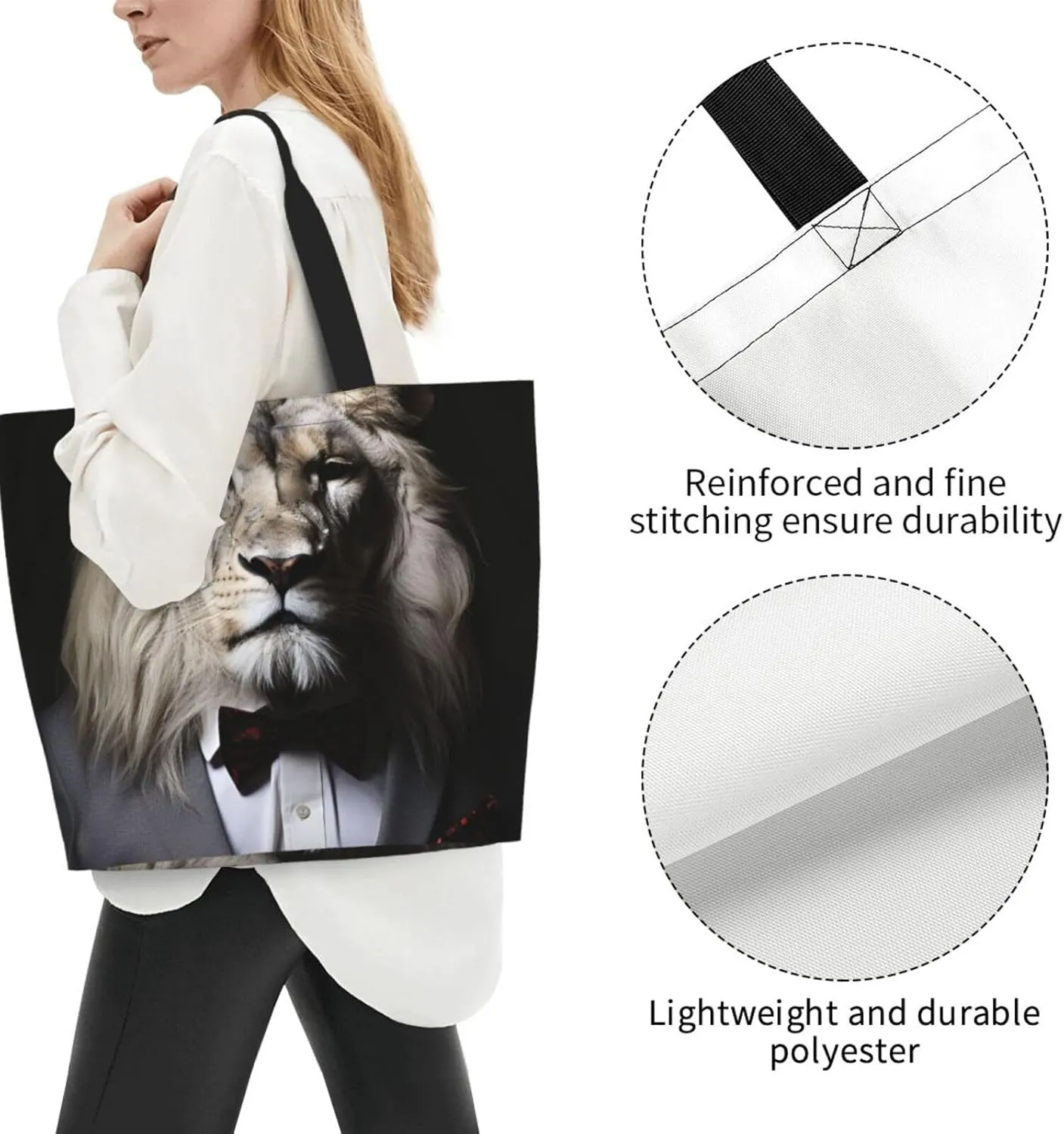 Tote Bag for Women Grocery Bag Reusable Shopping Bag Animal Lion in Suits Handbag Foldable Shoulder Bag