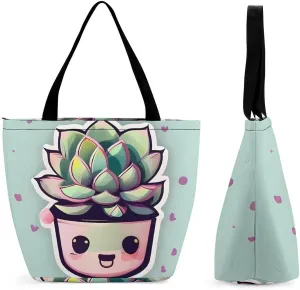 Tote Bag for Women Shoulder Bag Smiling Succulents Handbags for Travel Work Beach Bag