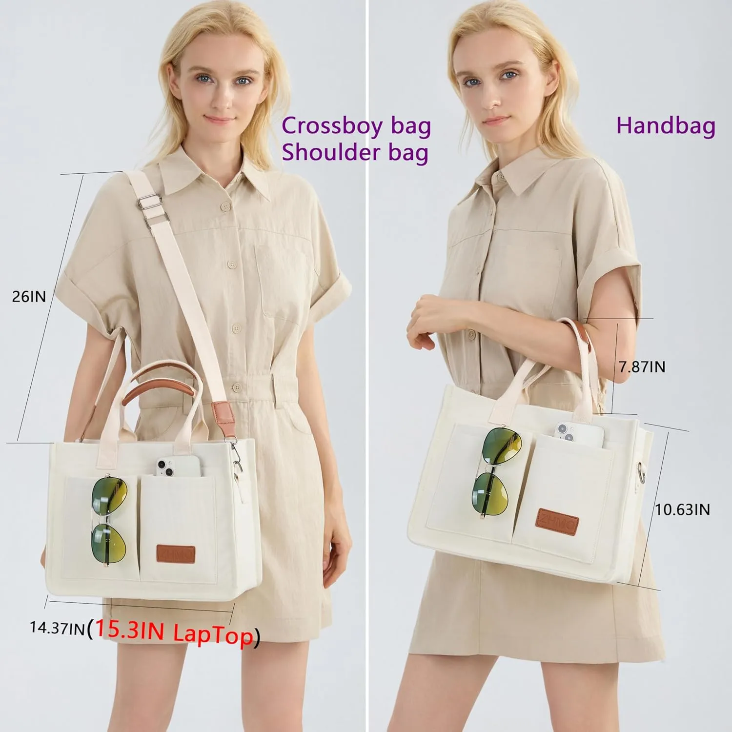 Tote Bag for Women With Compartments,Large Canvas Tote Women's Purse Crossbody Bags Work Laptop Book Bag Satchels Handbags