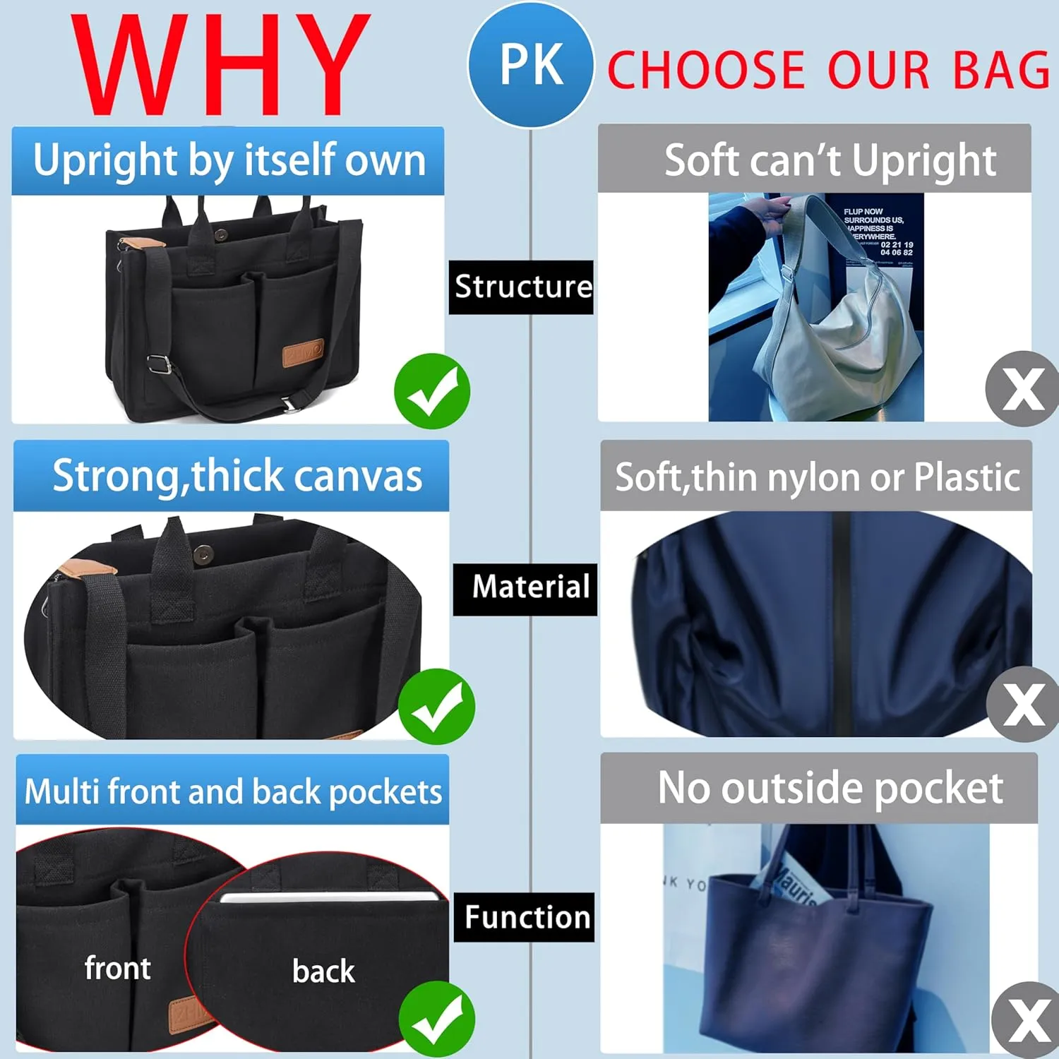 Tote Bag for Women With Compartments,Large Canvas Tote Women's Purse Crossbody Bags Work Laptop Book Bag Satchels Handbags
