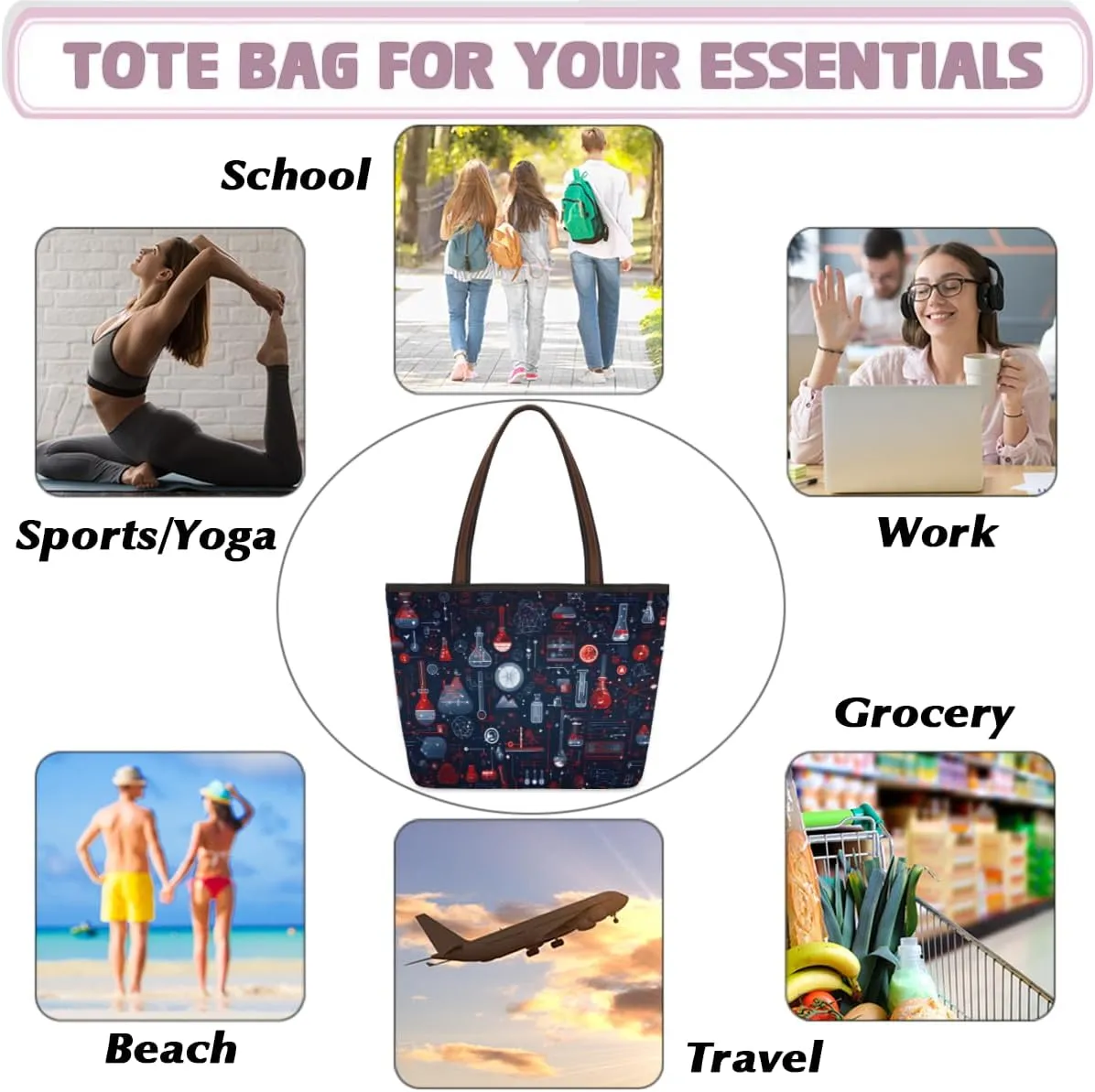 Tote Bag for Women with Zipper Large Capacity Top Handle Casual Shoulder Bag Handbag Reusable Shopping