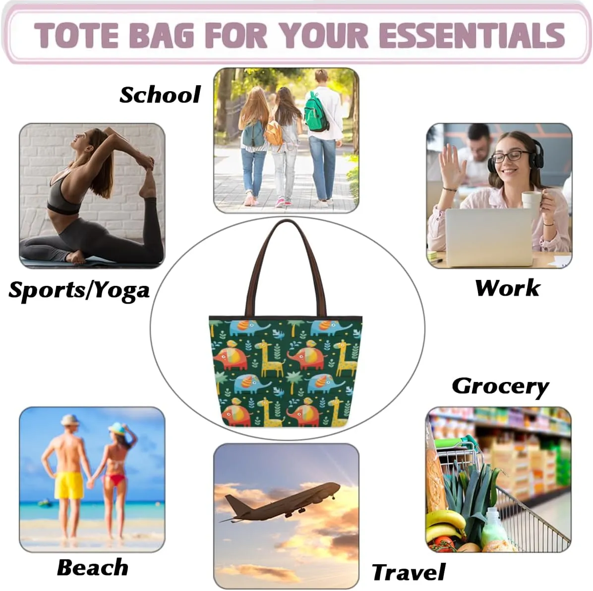 Tote Bag for Women with Zipper Large Capacity Top Handle Casual Shoulder Bag Handbag Reusable Shopping