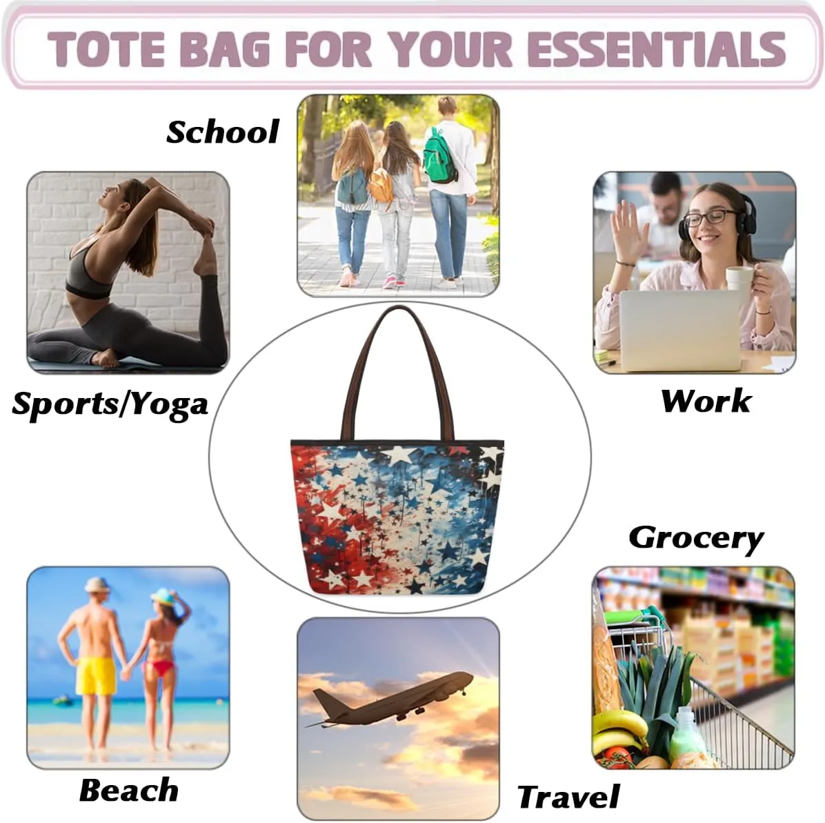 Tote Bag for Women with Zipper Large Capacity Top Handle Casual Shoulder Bag Handbag Reusable Shopping