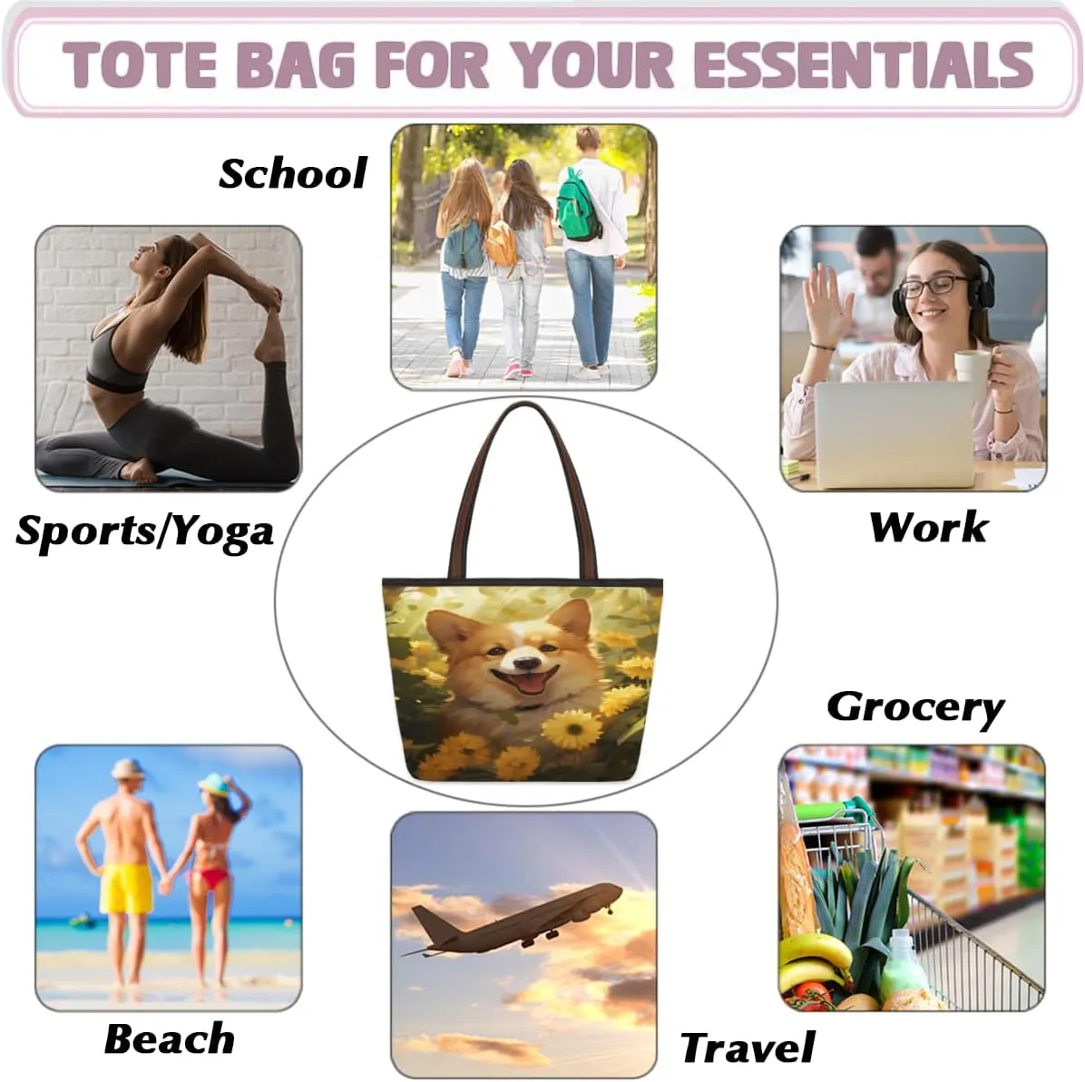 Tote Bag for Women with Zipper Large Capacity Top Handle Casual Shoulder Bag Handbag Reusable Shopping