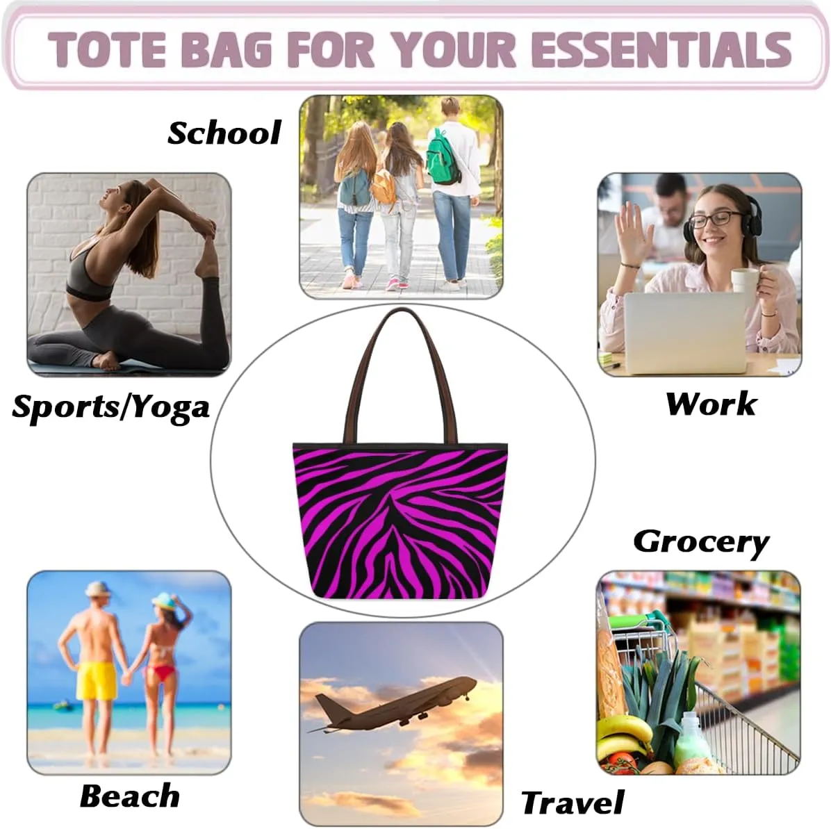 Tote Bag for Women with Zipper Large Capacity Top Handle Casual Shoulder Bag Handbag Reusable Shopping