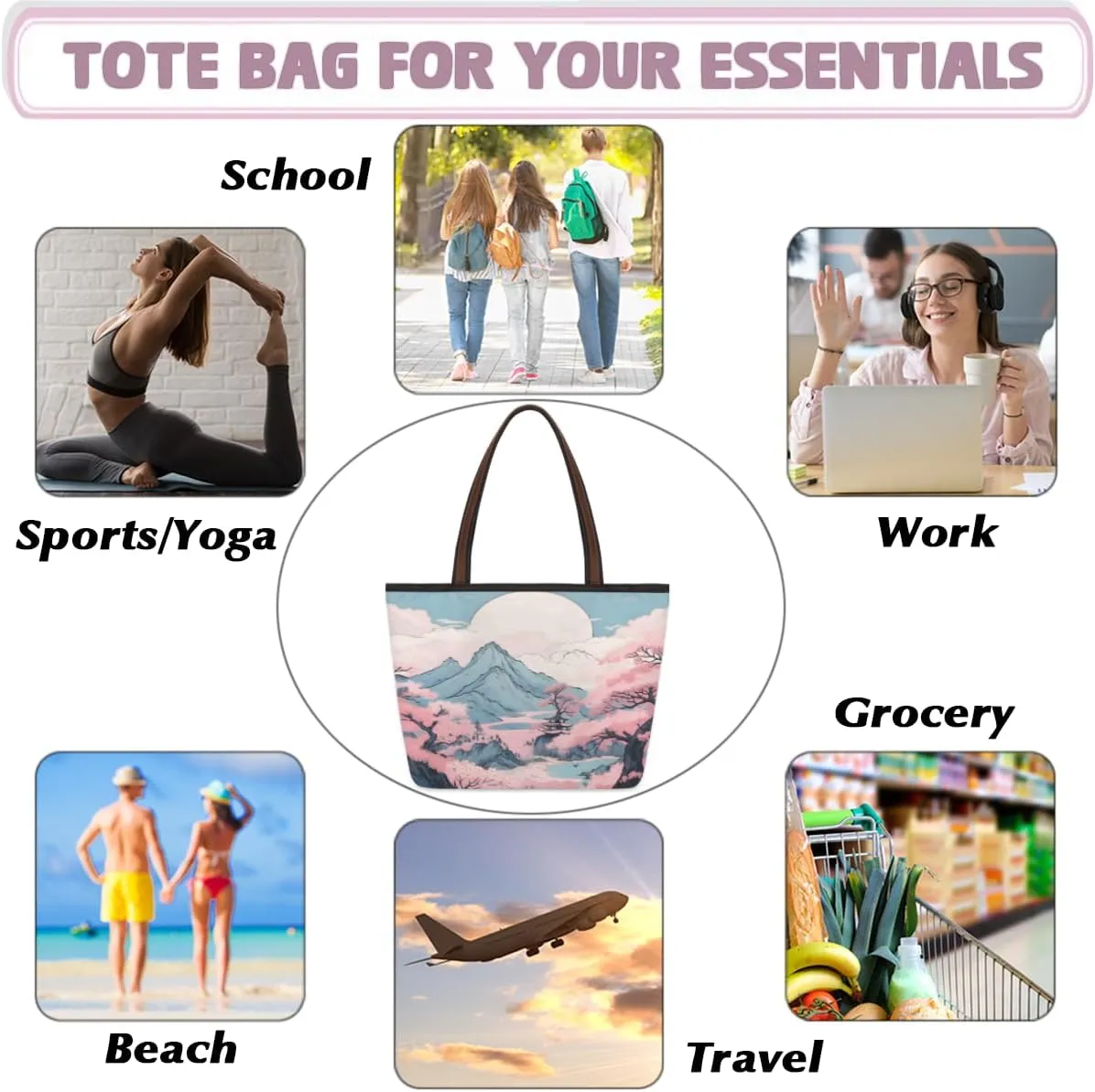 Tote Bag for Women with Zipper Large Capacity Top Handle Casual Shoulder Bag Handbag Reusable Shopping