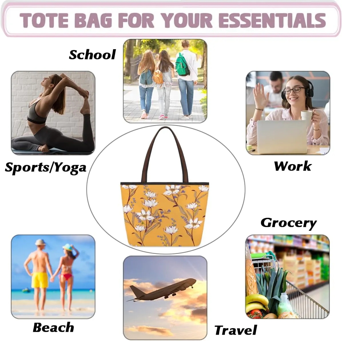 Tote Bag for Women with Zipper Large Capacity Top Handle Casual Shoulder Bag Handbag Reusable Shopping