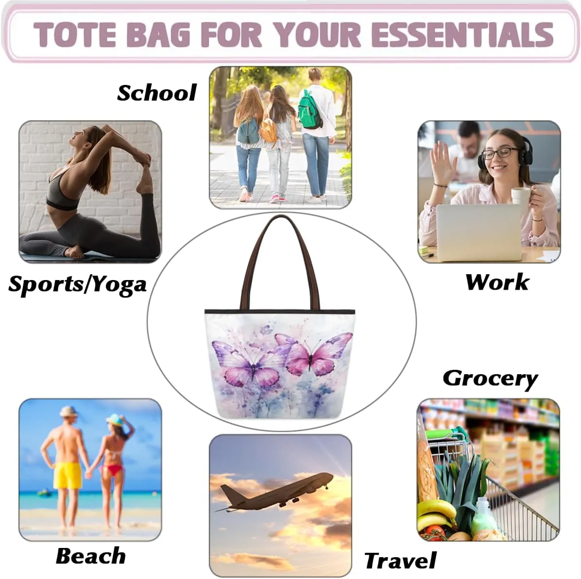 Tote Bag for Women with Zipper Large Capacity Top Handle Casual Shoulder Bag Handbag Reusable Shopping