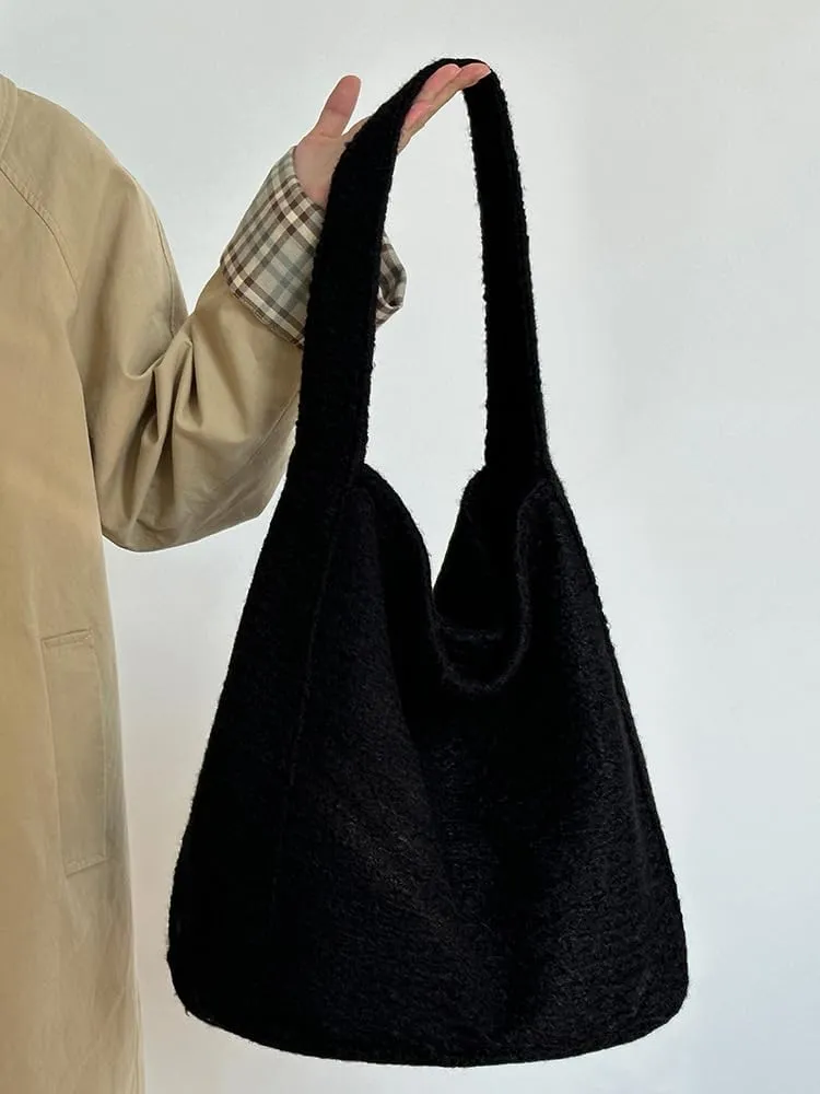 Trendy Slouchy Tote Bag for Women Soft Woolen Shoulder Handbags 2024 Winter Purses Casual Satchel Bags Travel Work 2PCS