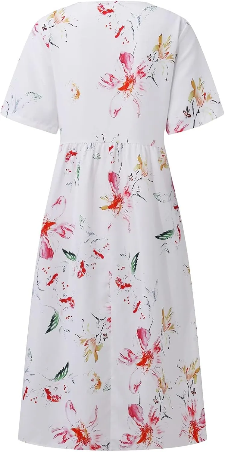 Tshirt Dress for Women Casual Plus Size Summer Midi Dress Boho Floral Print Loose Flowy Long Dresses with Pockets