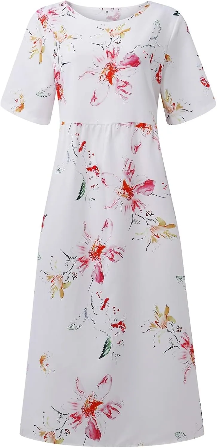 Tshirt Dress for Women Casual Plus Size Summer Midi Dress Boho Floral Print Loose Flowy Long Dresses with Pockets