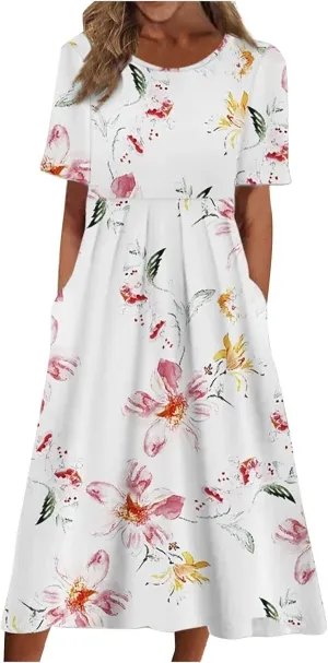 Tshirt Dress for Women Casual Plus Size Summer Midi Dress Boho Floral Print Loose Flowy Long Dresses with Pockets