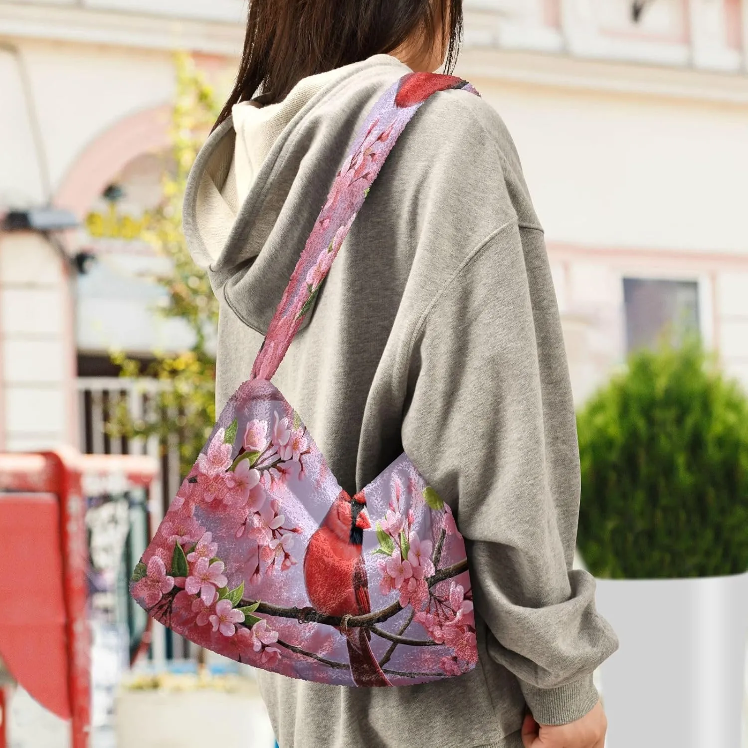 Two Painted Flowers Shoulder Bag, Tote Bag with Zipper and Shoulder Strap, Autumn Handbags