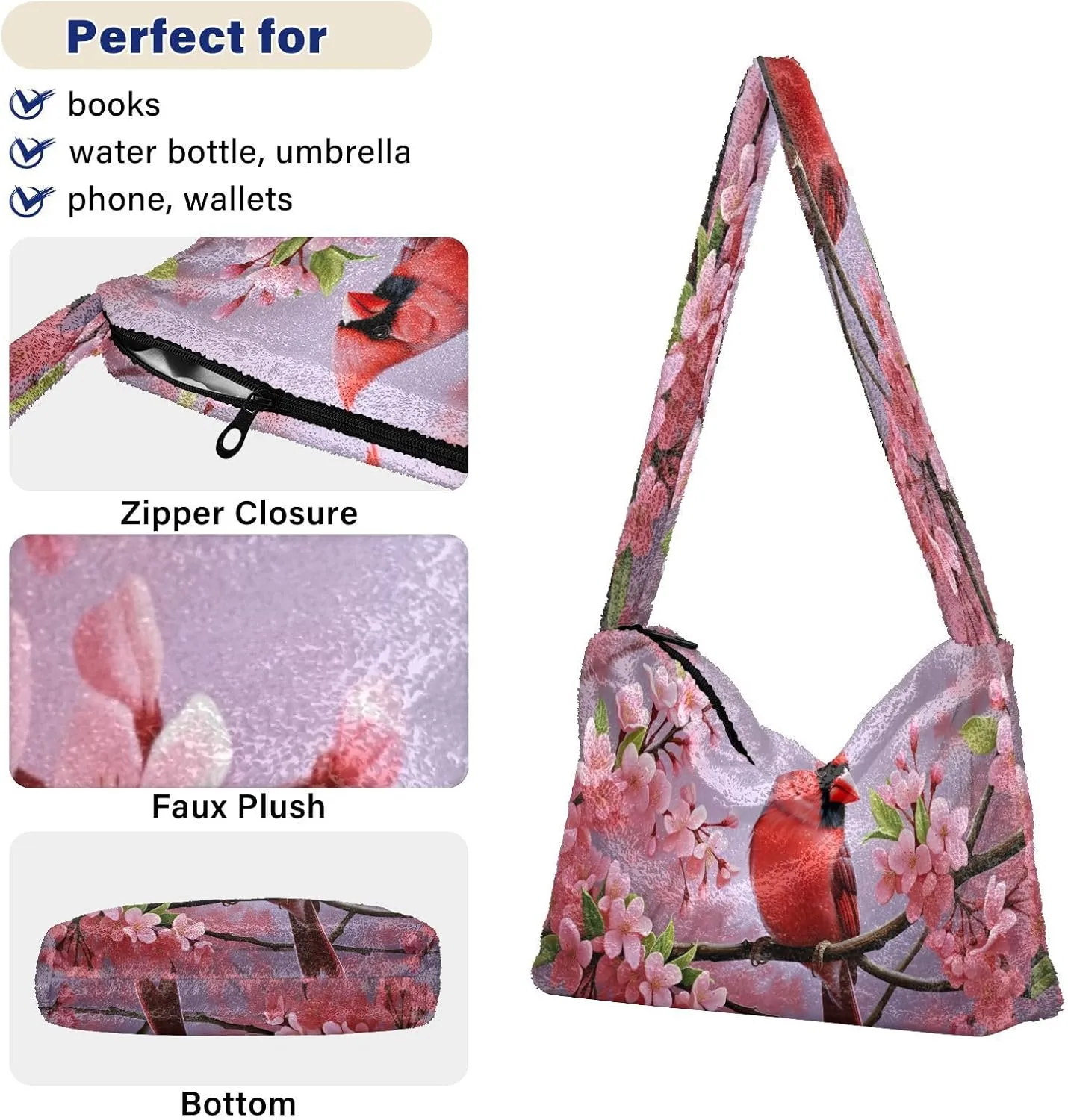 Two Painted Flowers Shoulder Bag, Tote Bag with Zipper and Shoulder Strap, Autumn Handbags
