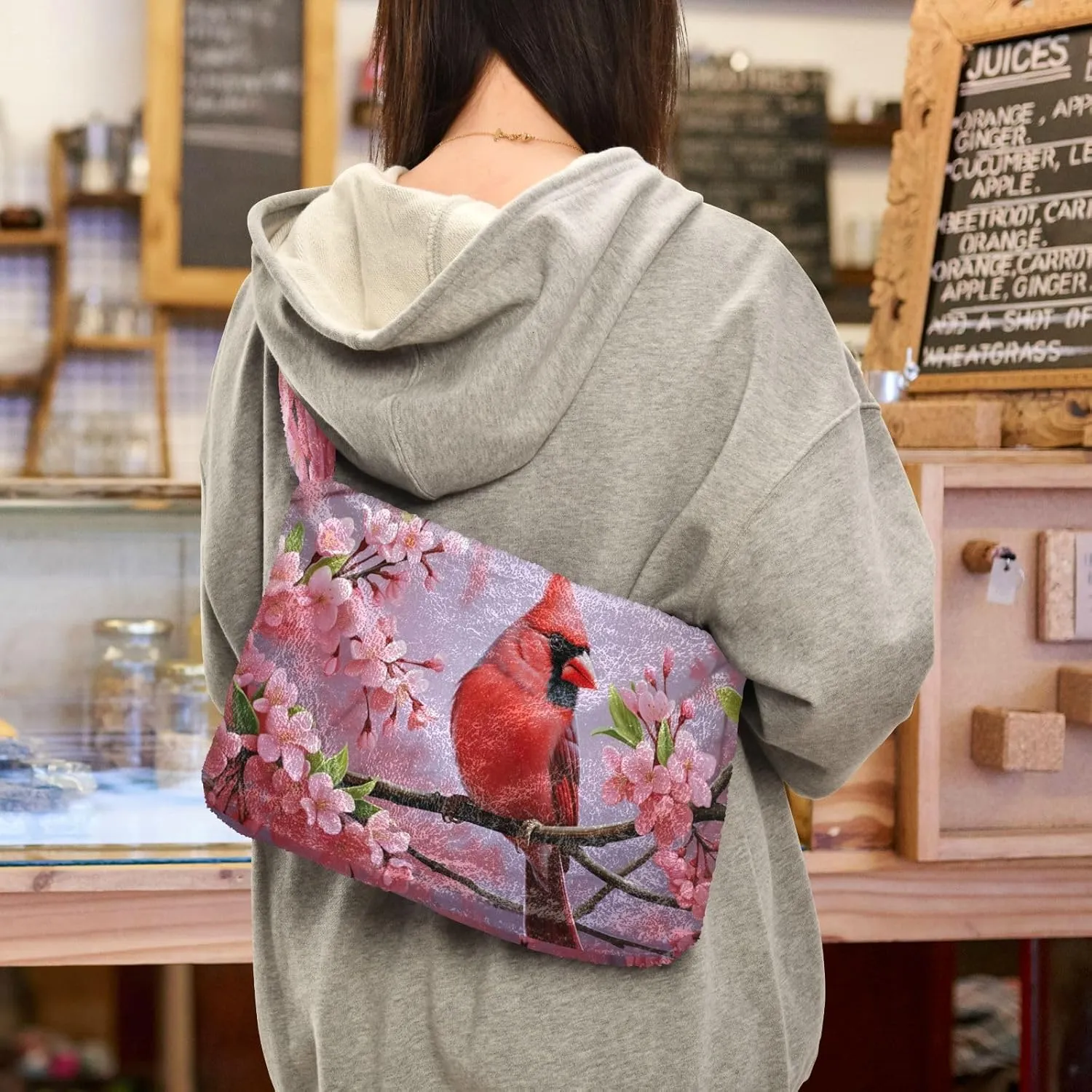 Two Painted Flowers Shoulder Bag, Tote Bag with Zipper and Shoulder Strap, Autumn Handbags