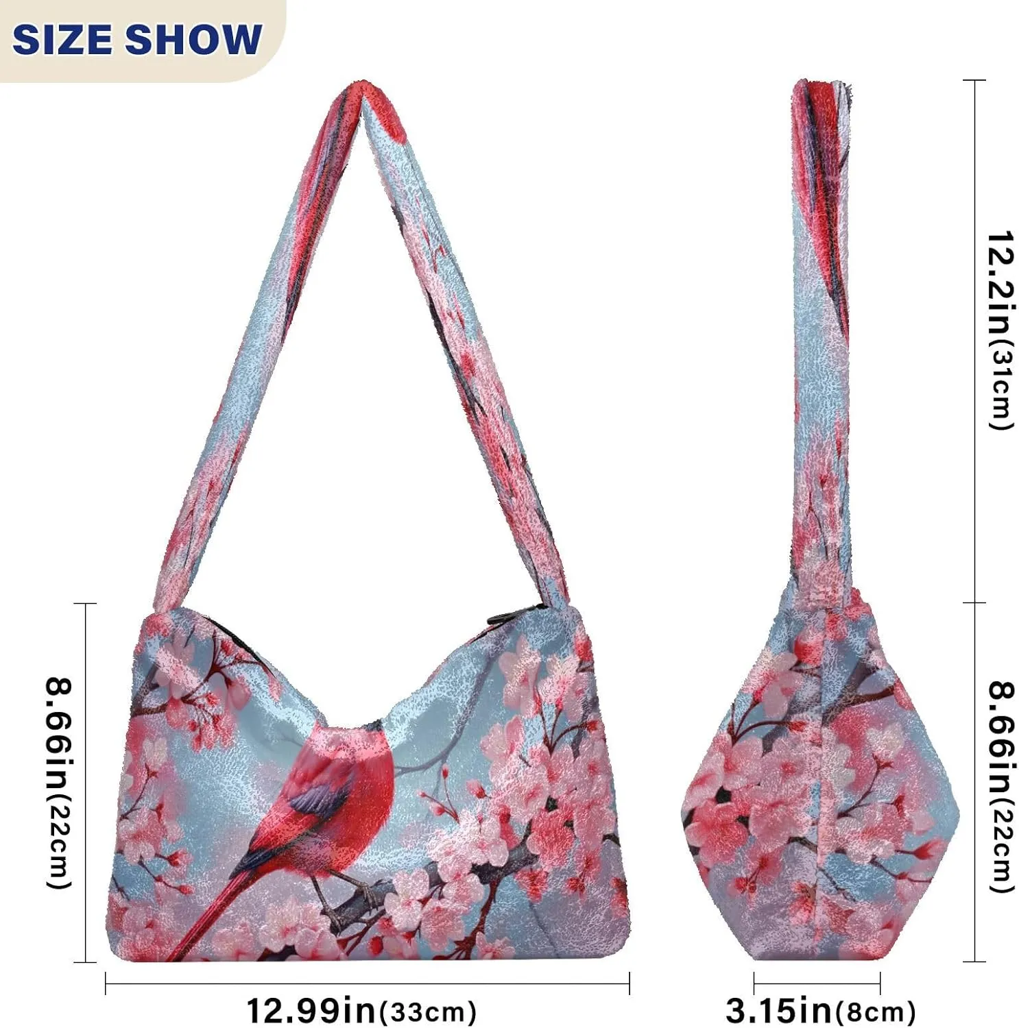 Two Painted Flowers Shoulder Bag, Tote Bag with Zipper and Shoulder Strap, Autumn Handbags