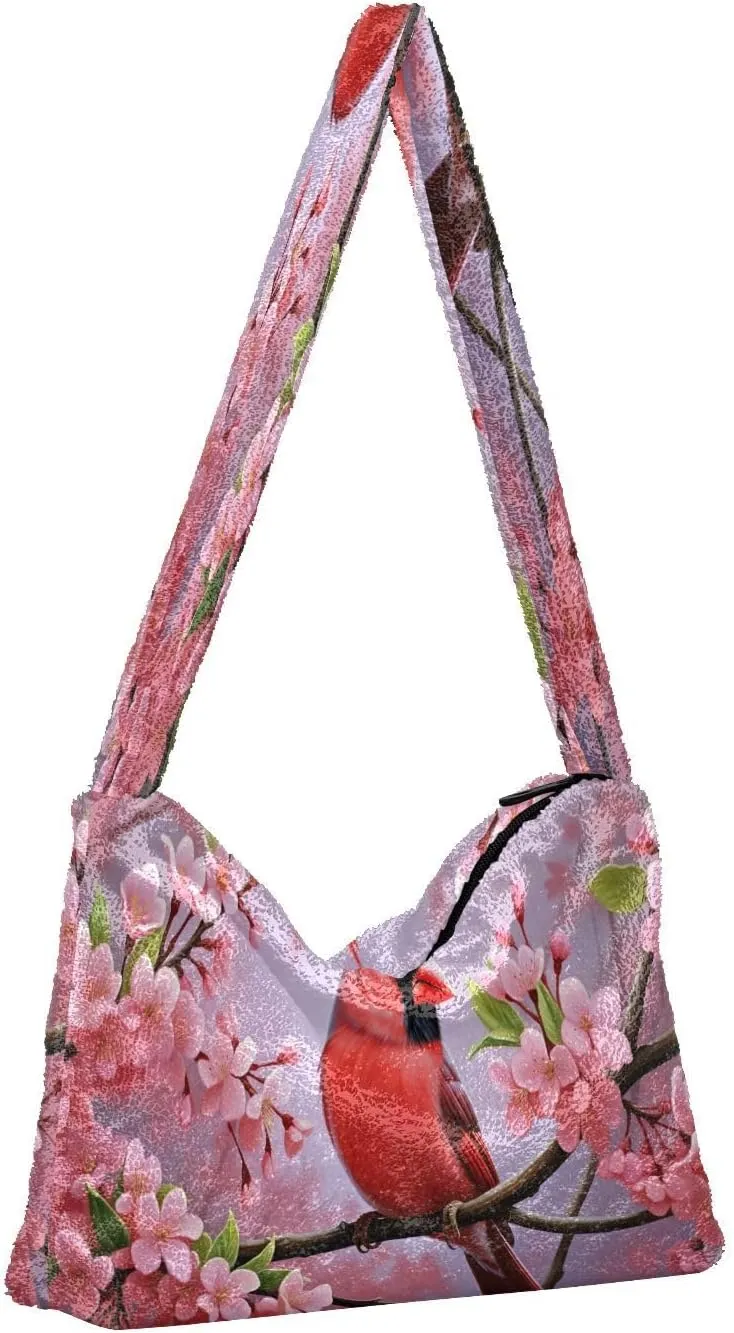 Two Painted Flowers Shoulder Bag, Tote Bag with Zipper and Shoulder Strap, Autumn Handbags
