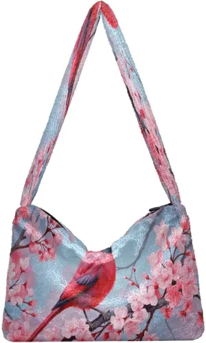 Two Painted Flowers Shoulder Bag, Tote Bag with Zipper and Shoulder Strap, Autumn Handbags