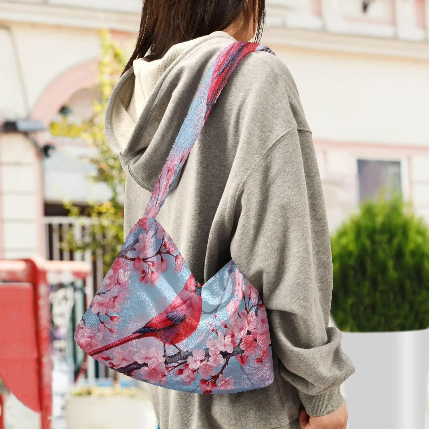 Two Painted Flowers Shoulder Bag, Tote Bag with Zipper and Shoulder Strap, Autumn Handbags