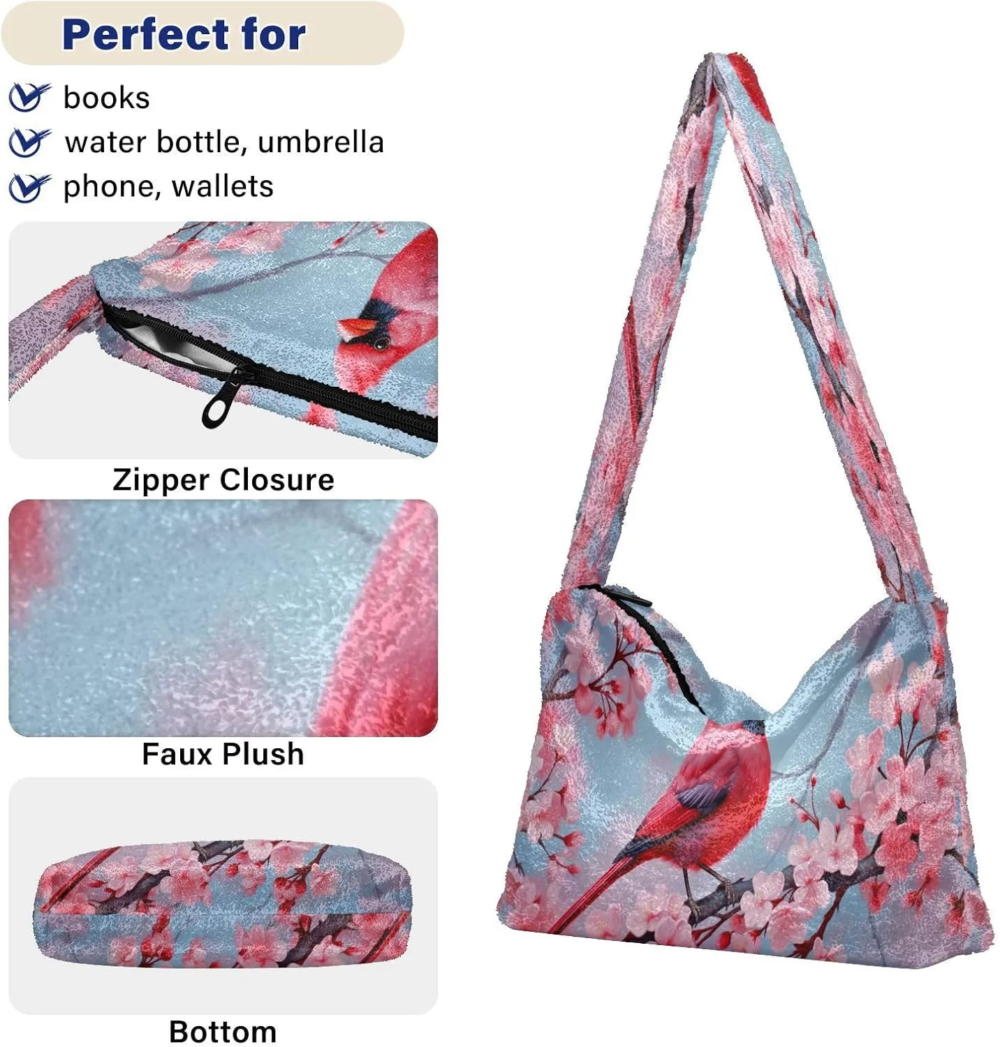 Two Painted Flowers Shoulder Bag, Tote Bag with Zipper and Shoulder Strap, Autumn Handbags