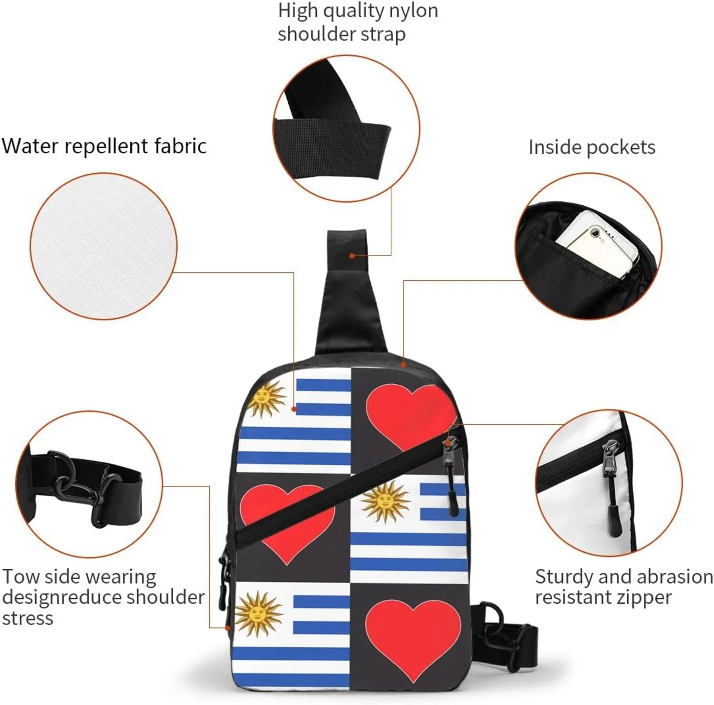 Uruguay Uruguayan Flag Red Heart Crossbody Bag Portable Sling Bags Foldable Chest Daypack Reusable Sports Shoulder Backpack Diagonally Casual Rucksack Travel Bag