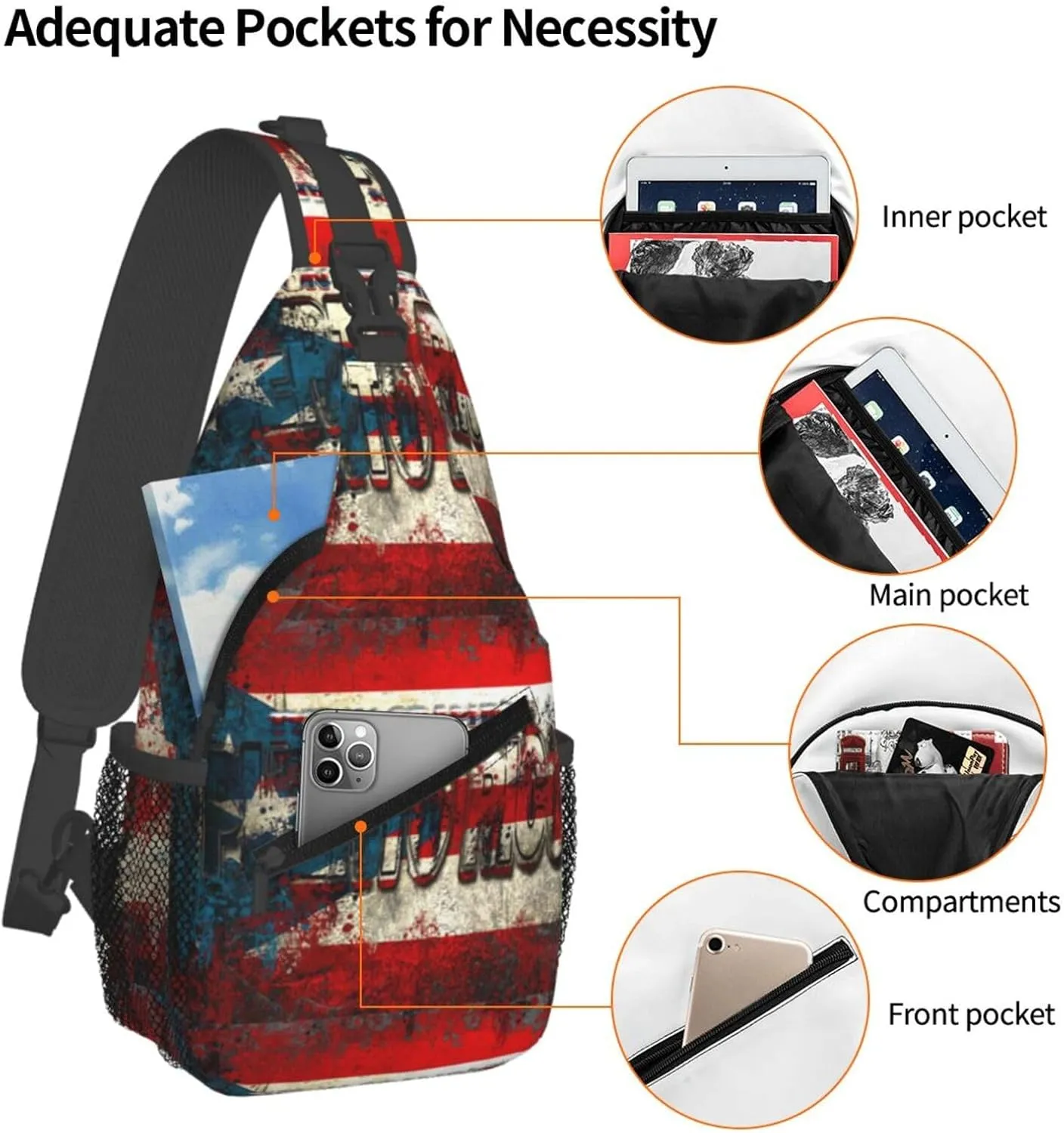 USA And Puerto Rico National Flag Sling Bag Adjustable Chest Bags Casual Crossbody Bag Travel Shoulder Backpack