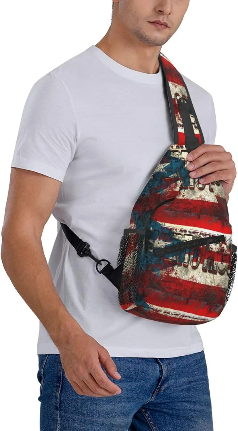 USA And Puerto Rico National Flag Sling Bag Adjustable Chest Bags Casual Crossbody Bag Travel Shoulder Backpack