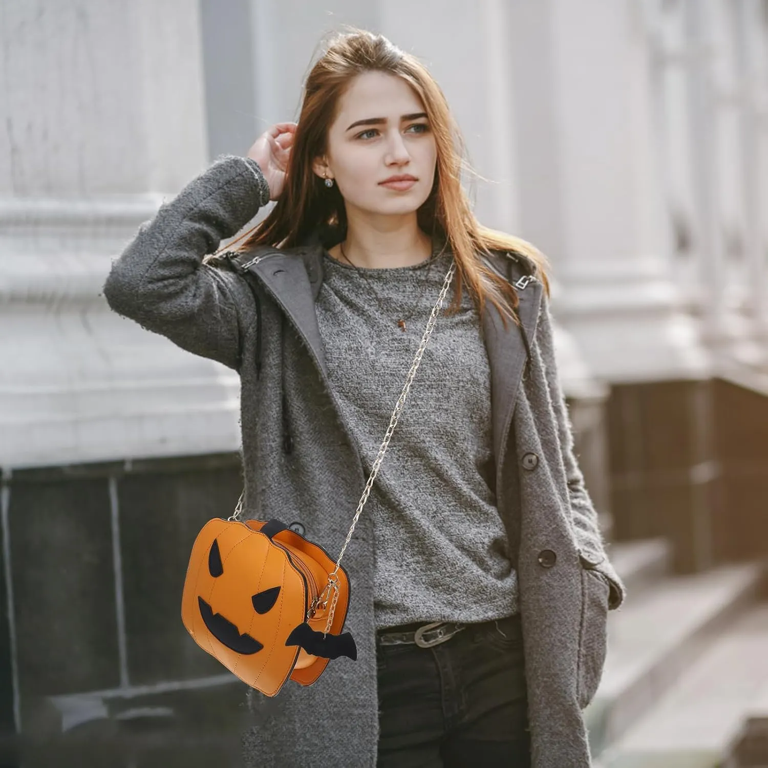 VALICLUD Halloween Pumpkin Crossbody Bag Casual Little Devil Shoulder Bag Messenger Bag Handbag for Girls Student Ladies (Brown)