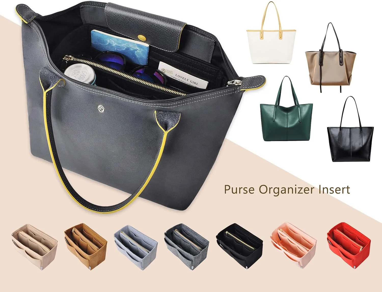 Vercord Felt Organizer Insert For Purse Handbag Tote Bag In Bag Inside Shaper Divider Neo Black Medium