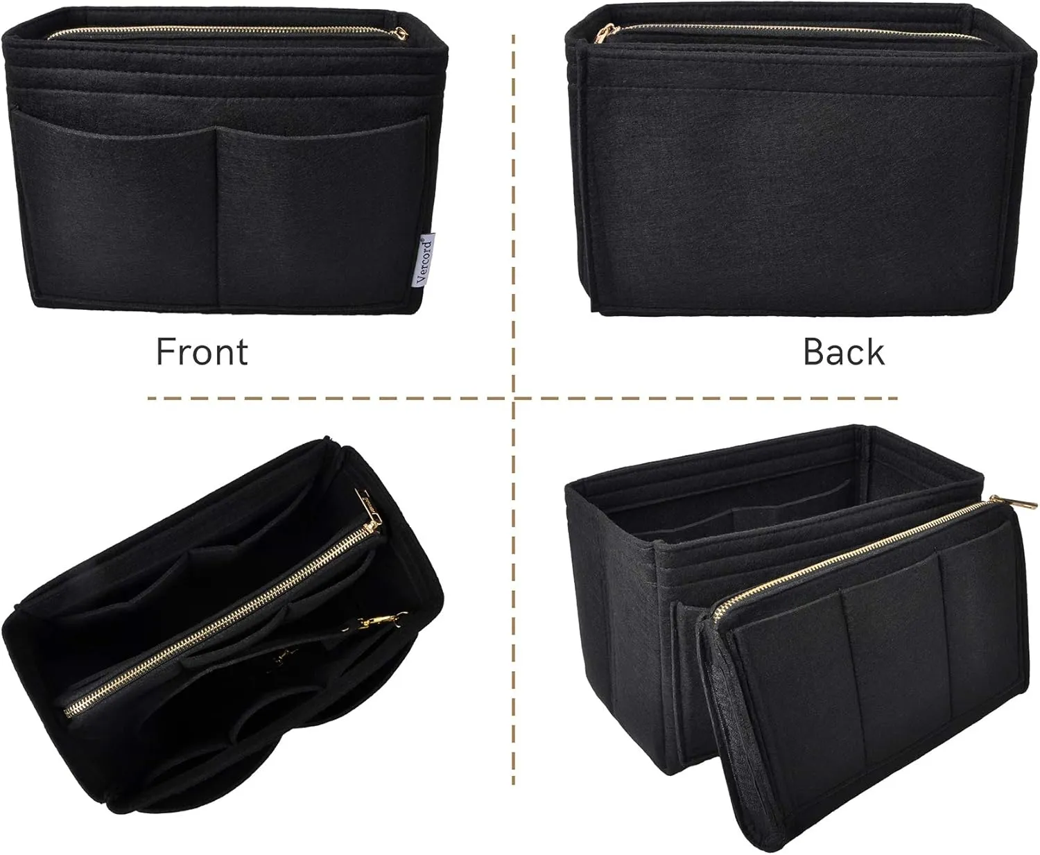 Vercord Felt Organizer Insert For Purse Handbag Tote Bag In Bag Inside Shaper Divider Neo Black Xlarge