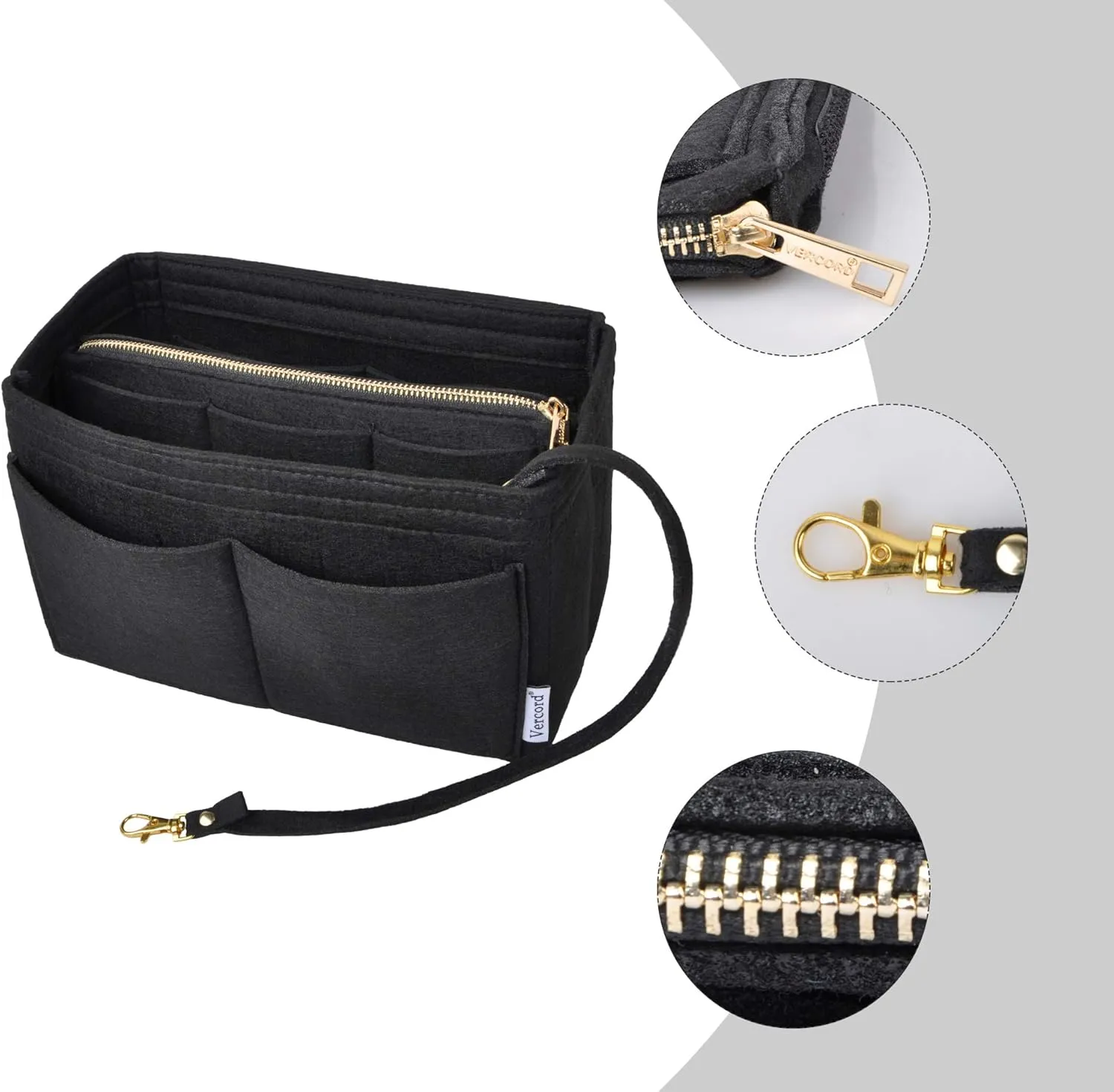 Vercord Felt Organizer Insert For Purse Handbag Tote Bag In Bag Inside Shaper Divider Neo Black Xlarge