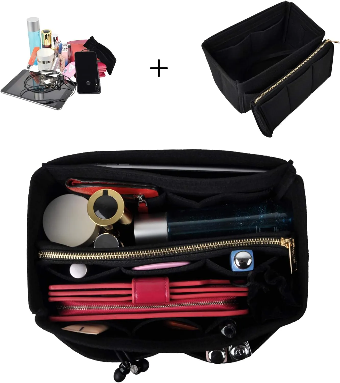 Vercord Felt Organizer Insert For Purse Handbag Tote Bag In Bag Inside Shaper Divider Neo Black Xlarge