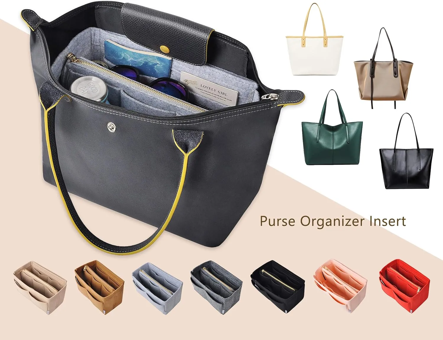 Vercord Felt Organizer Insert For Purse Handbag Tote Bag In Bag Inside Shaper Divider Neo Grey Small