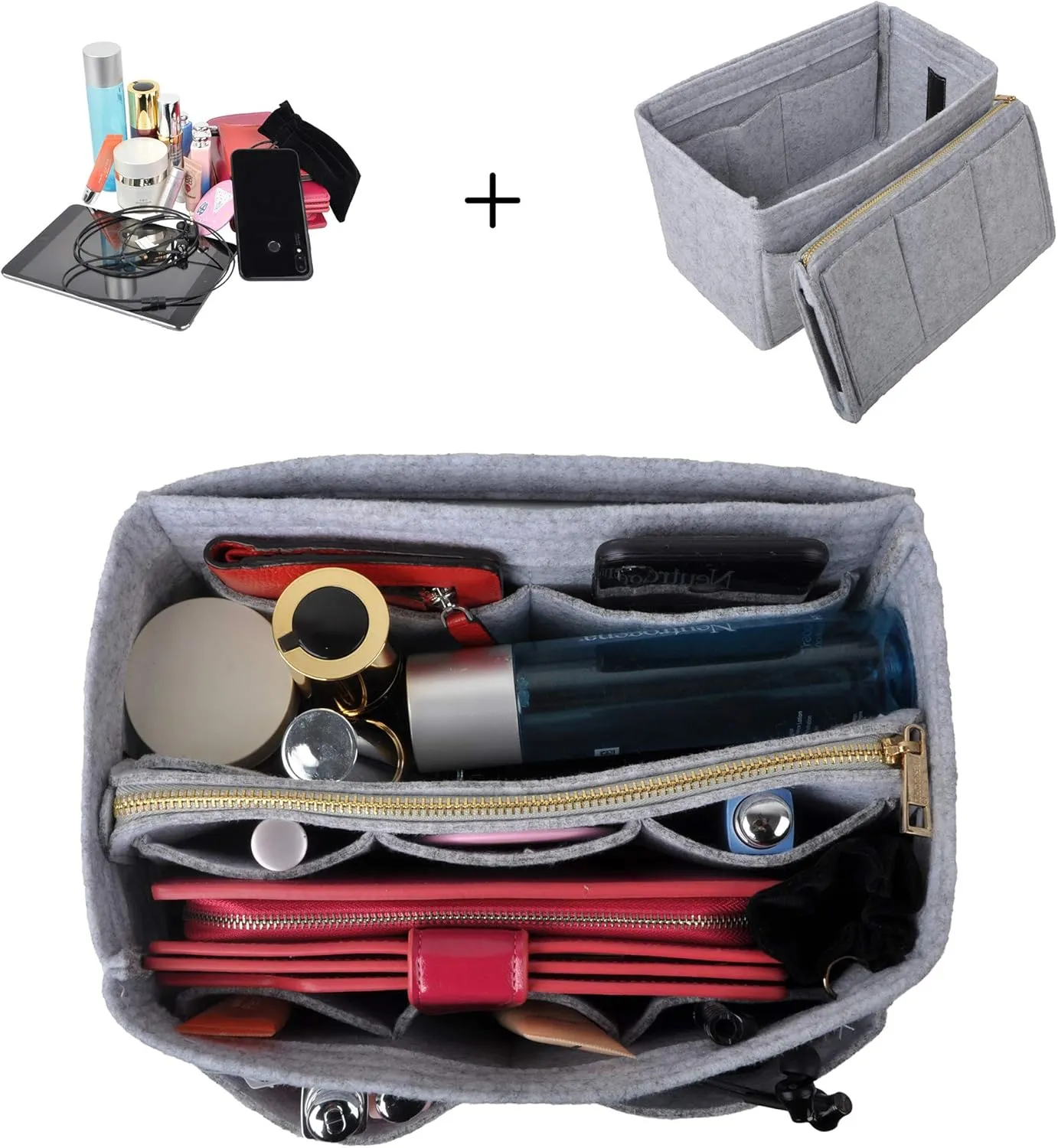 Vercord Felt Organizer Insert For Purse Handbag Tote Bag In Bag Inside Shaper Divider Neo Grey Small