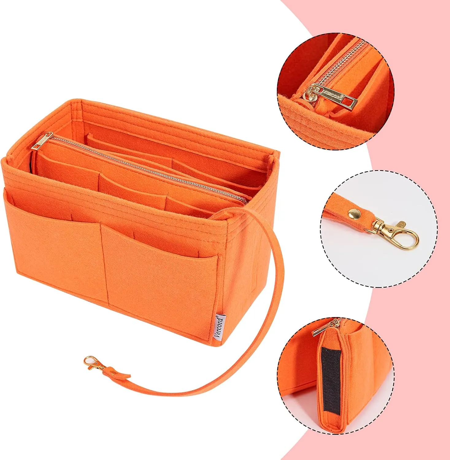 Vercord Felt Organizer Insert For Purse Handbag Tote Bag In Bag Inside Shaper Divider Neo Orange Medium