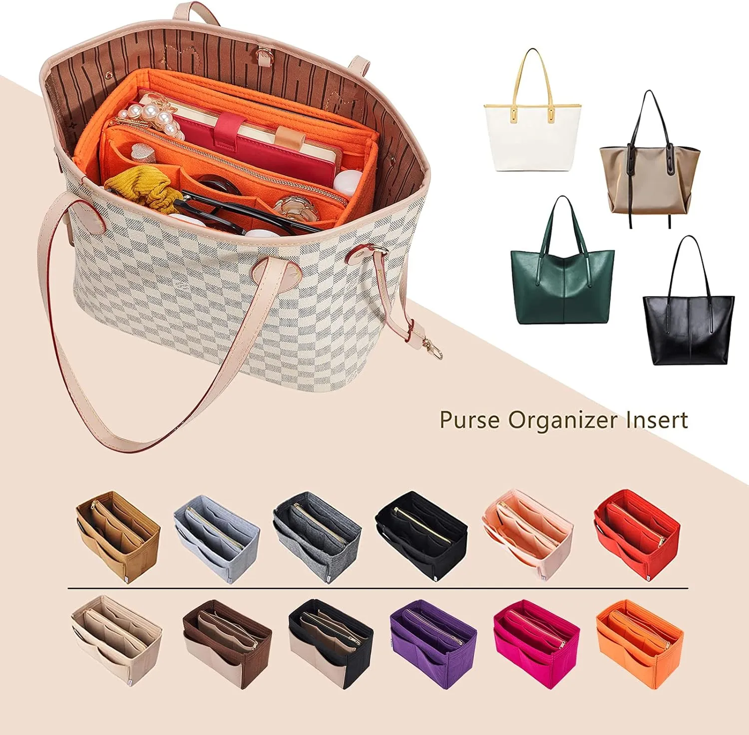 Vercord Felt Organizer Insert For Purse Handbag Tote Bag In Bag Inside Shaper Divider Neo Orange Medium