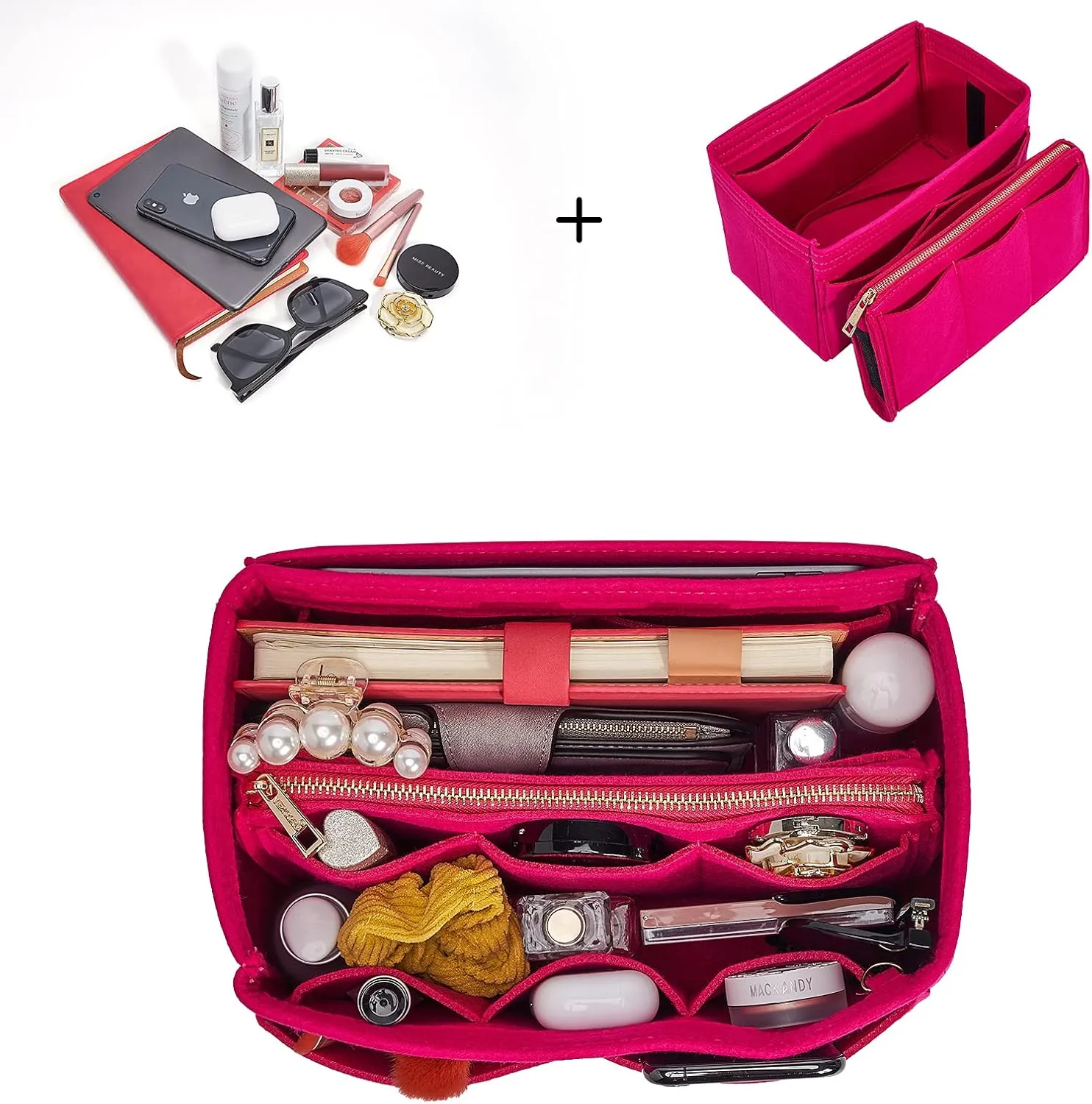 Vercord Felt Organizer Insert For Purse Handbag Tote Bag In Bag Inside Shaper Divider Neo Rose Medium