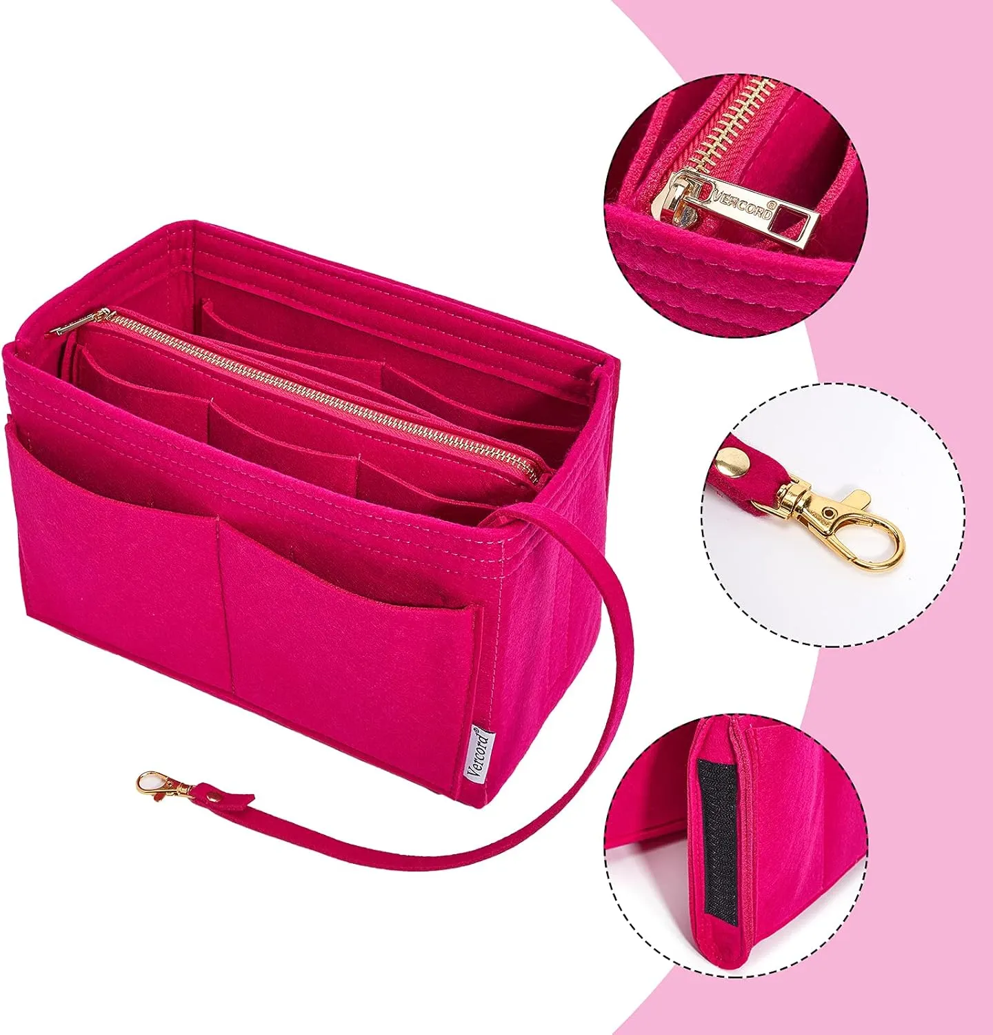 Vercord Felt Organizer Insert For Purse Handbag Tote Bag In Bag Inside Shaper Divider Neo Rose Medium