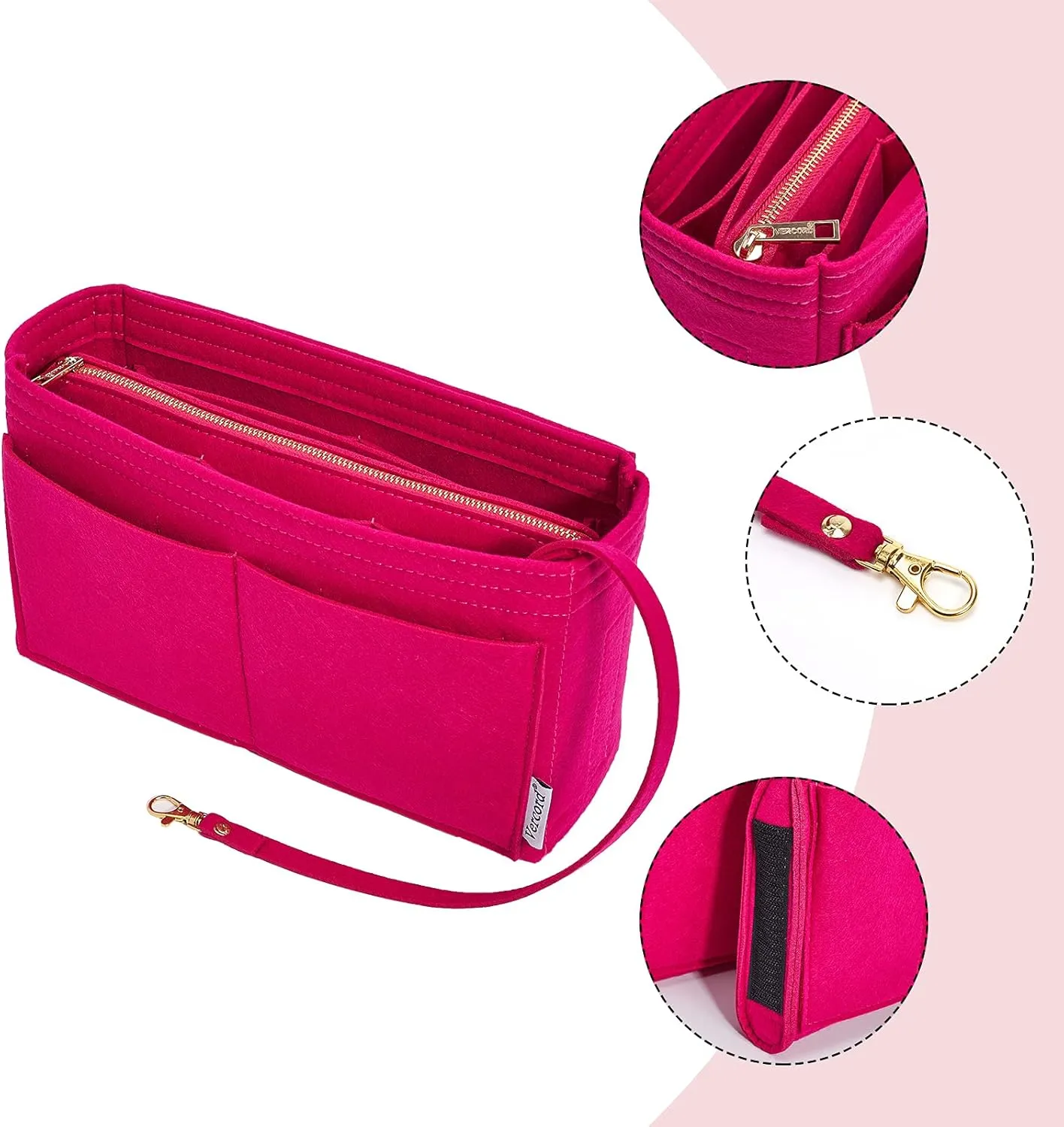 Vercord Felt Organizer Insert For Purse Handbag Tote Bag In Bag Inside Shaper Divider Neo Rose Slender Medium
