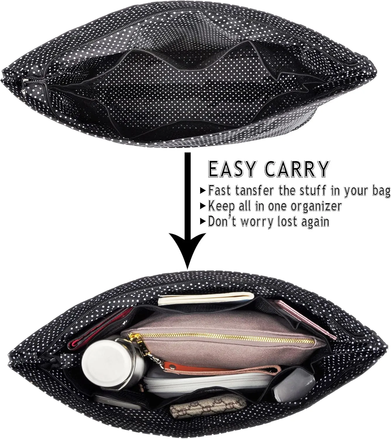 Vercord Handbag Purse Bag Insert Organizers Extra Thick Large Travel Handbag Organizer Black Polka Dot