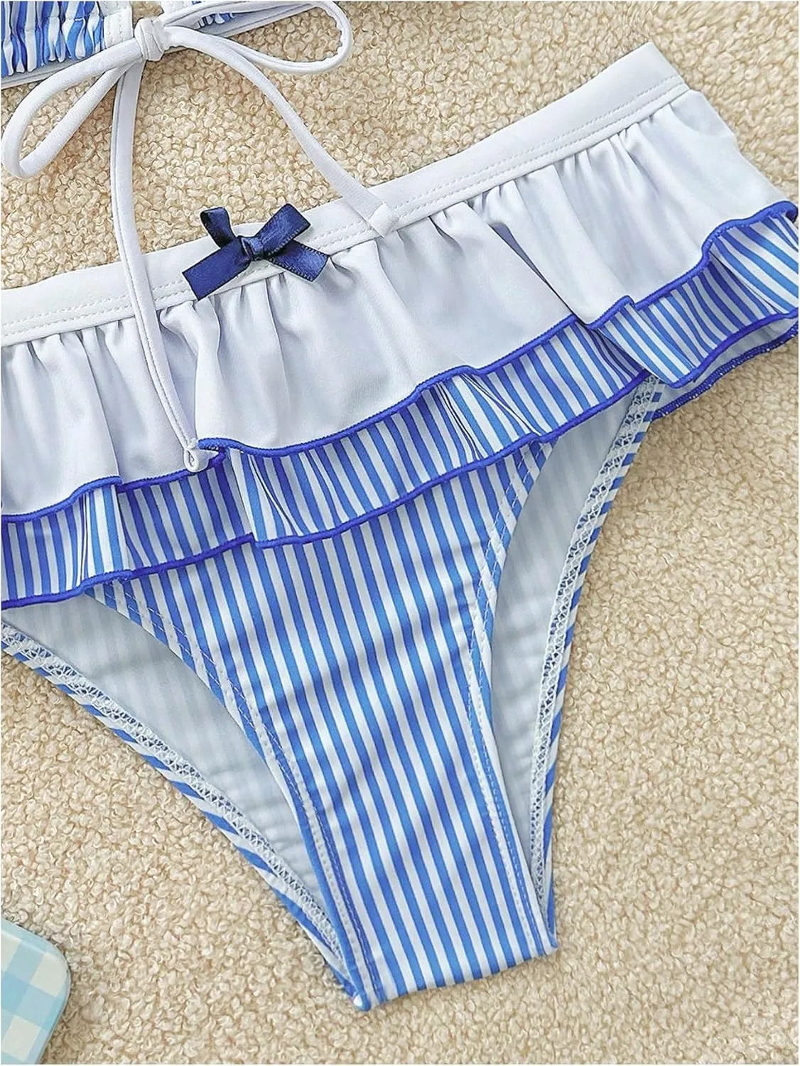 Verdusa Women's 2 Piece Striped Halter Bikini Set Ruffle Bow Tie Swimsuit Bathing Suit