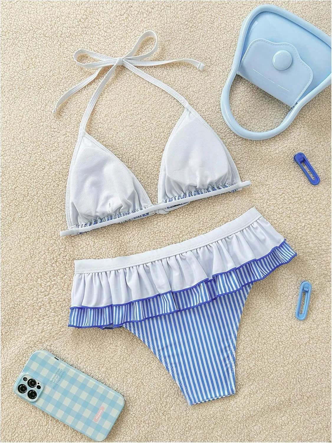 Verdusa Women's 2 Piece Striped Halter Bikini Set Ruffle Bow Tie Swimsuit Bathing Suit