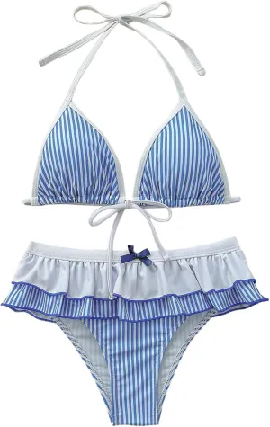 Verdusa Women's 2 Piece Striped Halter Bikini Set Ruffle Bow Tie Swimsuit Bathing Suit