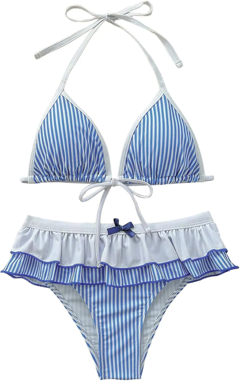 Verdusa Women's 2 Piece Striped Halter Bikini Set Ruffle Bow Tie Swimsuit Bathing Suit