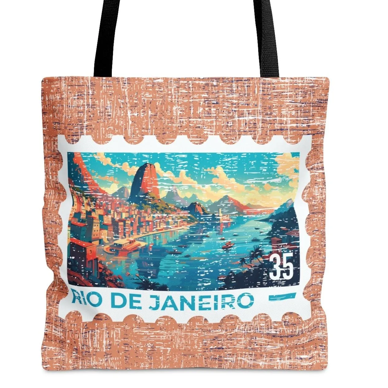 Vibrant Rio De Janeiro Stamp Large Tote Bag - Colorful Brazilian Cityscape on Terra Cotta Background