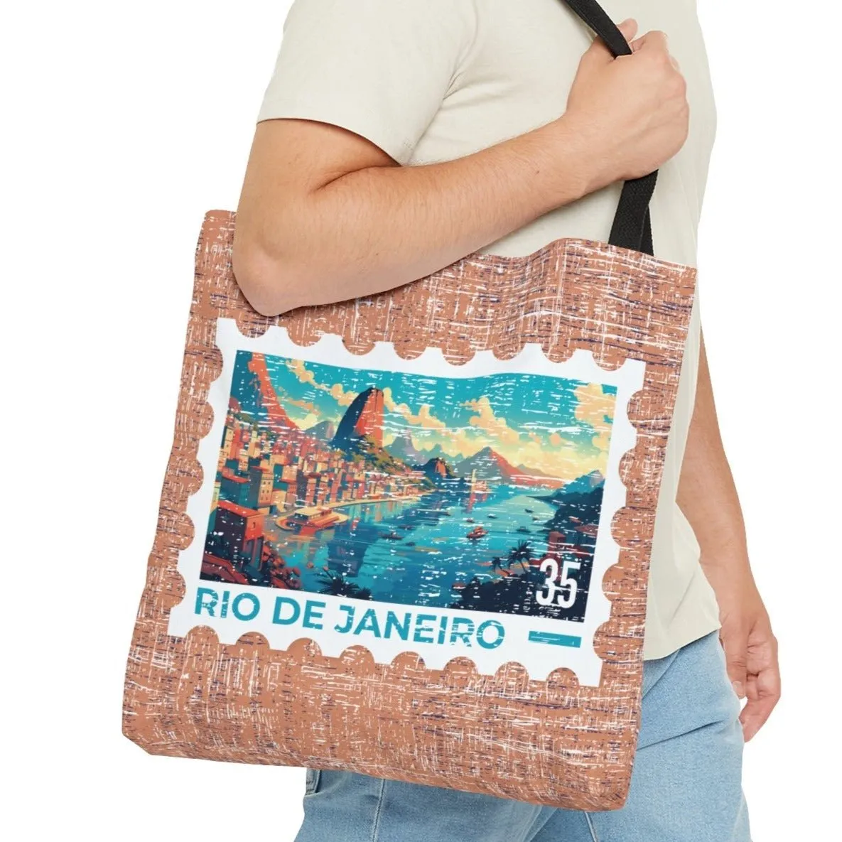 Vibrant Rio De Janeiro Stamp Large Tote Bag - Colorful Brazilian Cityscape on Terra Cotta Background