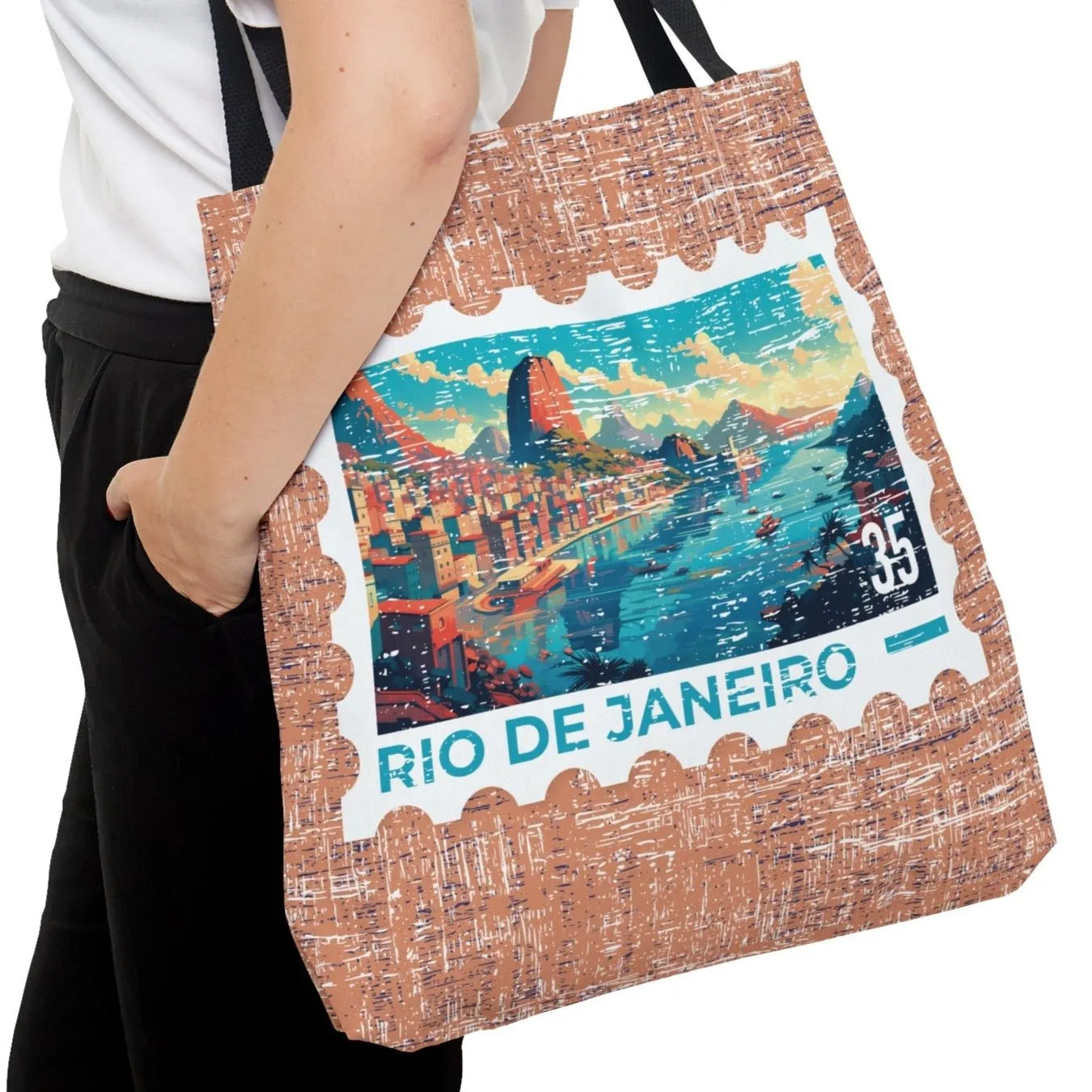 Vibrant Rio De Janeiro Stamp Large Tote Bag - Colorful Brazilian Cityscape on Terra Cotta Background